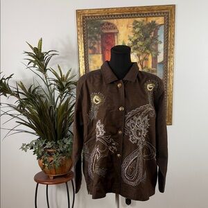 Índigo Moon women Intricate Embroidered Brown Blazer Collared 4 Buttons Front